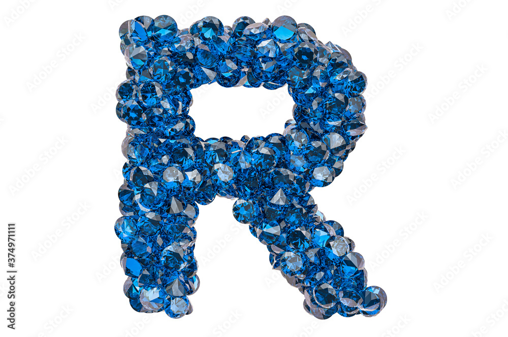 Letter R from blue diamonds or sapphires with brilliant cut. 3D rendering