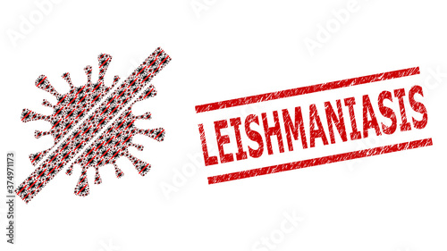 Fractal mosaic remove coronavirus and Leishmaniasis grunge stamp print. Vector collage is designed with recursive remove coronavirus items. Stamp includes Leishmaniasis tag between parallel lines.