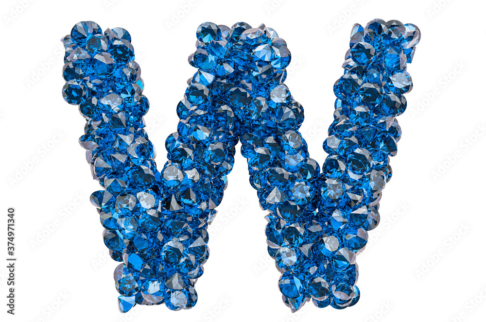 Letter W from blue diamonds or sapphires with brilliant cut. 3D rendering