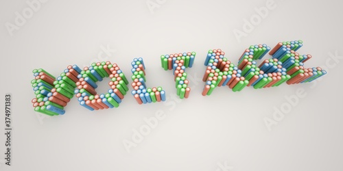 VOLTAGE word made with batteries, wide shot. Modern electrical technologies conceptual 3d rendering