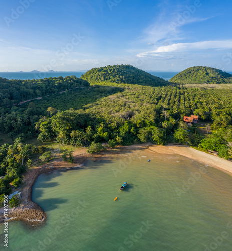 Aerial view of the bay shore on sunny day in Nuea Khlong District, Krabi Province, Thailand photo