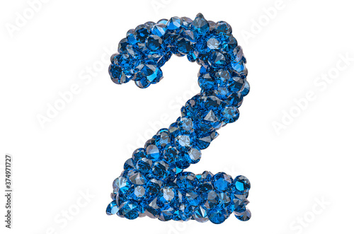 Number 2 from blue diamonds or sapphires with brilliant cut. 3D rendering