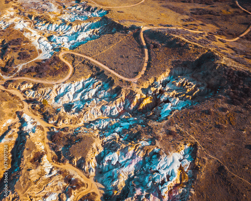 Aerial view of Paint Mines Shoot Site on sunny day in Calhan, Colorado, United States photo