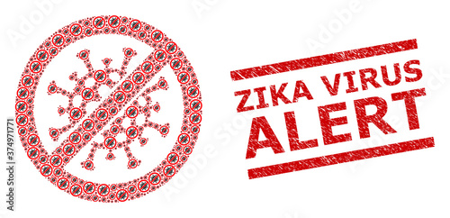 Recursive collage stop covid-19 virus and Zika Virus Alert unclean stamp. Vector collage is created with recursive stop covid-19 virus parts.