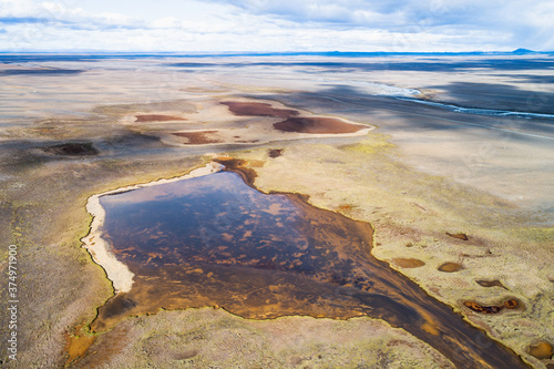 Aerial view of lakes, some of them dried out, along the Kjolur road in the highlands of Iceland photo