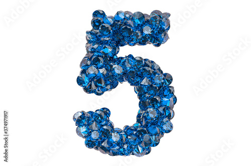 Number 5 from blue diamonds or sapphires with brilliant cut. 3D rendering