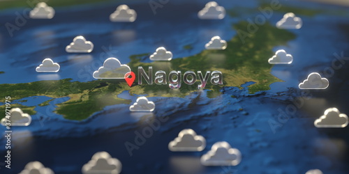 Cloudy weather icons near Nagoya city on the map, weather forecast related 3D rendering
