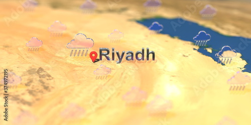 Rainy weather icons near Riyadh city on the map, weather forecast related 3D rendering