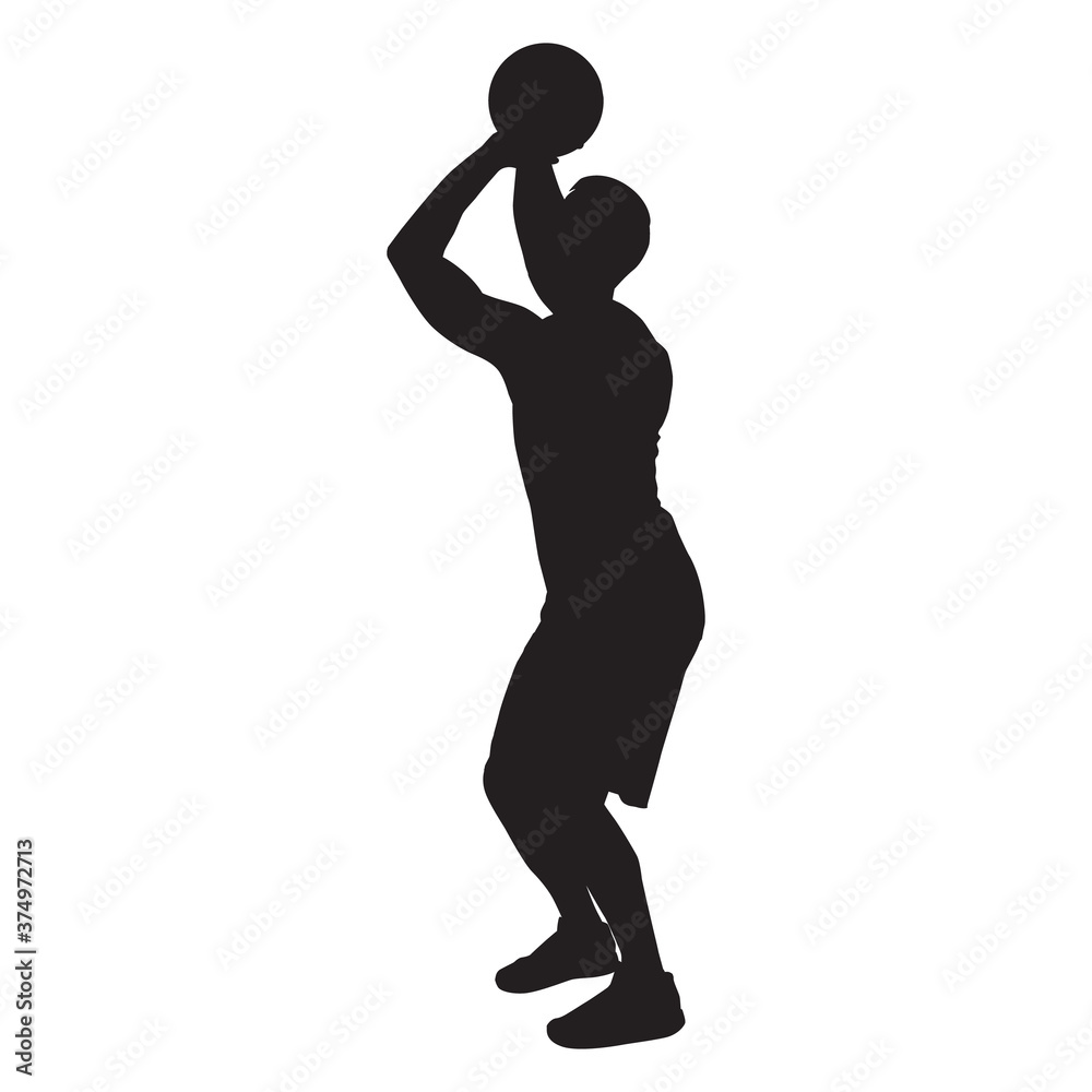 Professional basketball player silhouette shooting ball into the hoop, vector illustration Professional basketball player silhouette shooting ball into the hoop, vector illustration