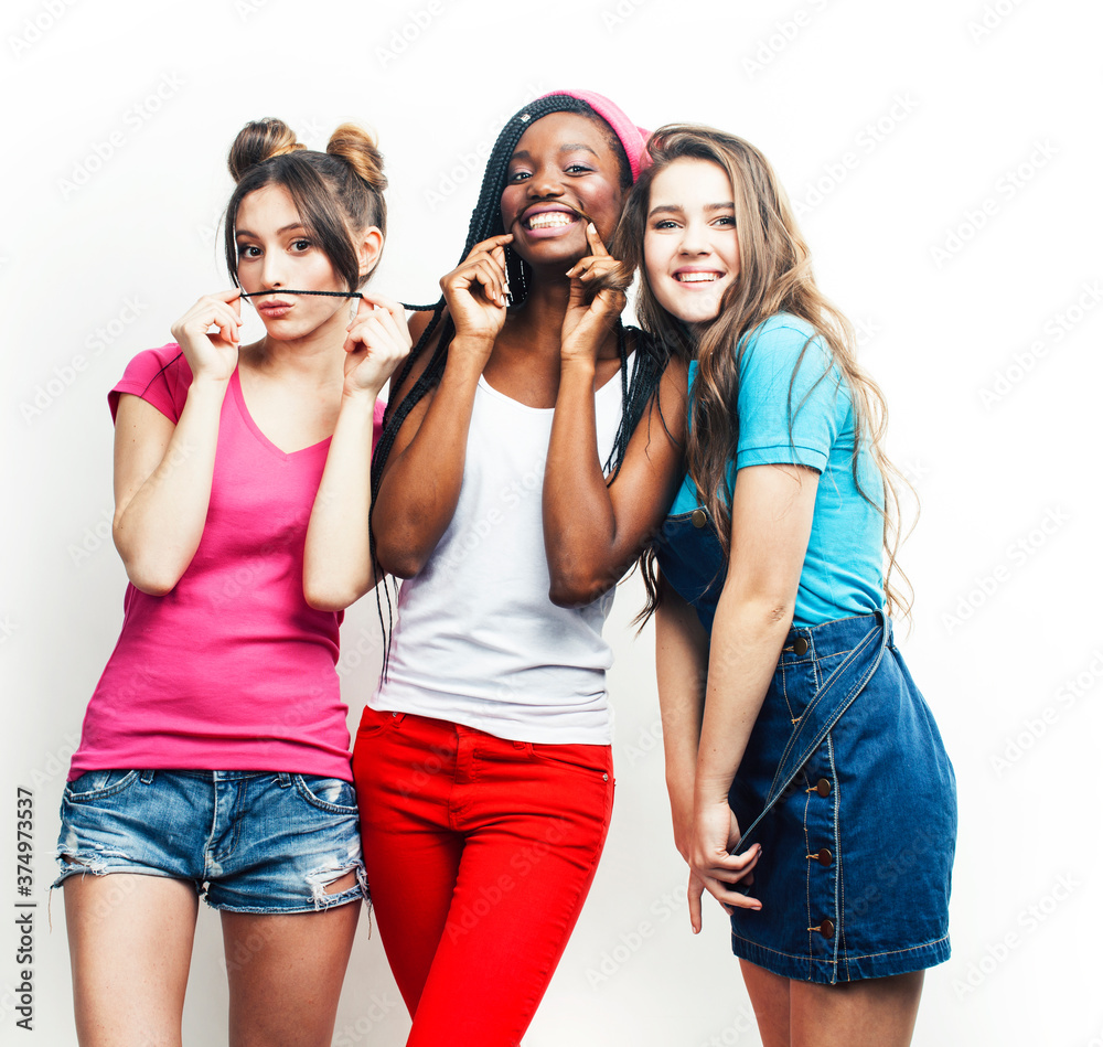 diverse multi nation girls group, teenage friends company cheerful having fun, happy smiling, cute posing isolated on white background, lifestyle people concept, african-american and caucasian diverse multi nation girls group, teenage friends company cheerful having fun, happy smiling, cute posing isolated on white background, lifestyle people concept, african-american and caucasian