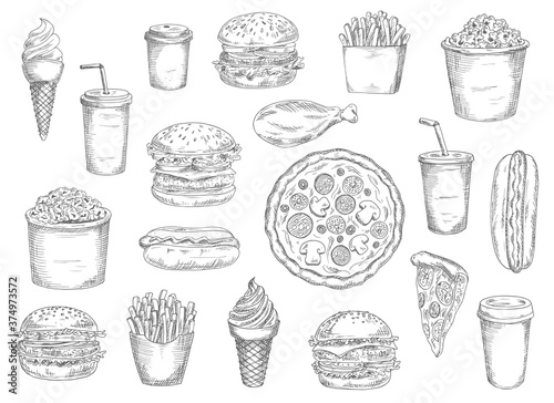 Sketch fast food meals isolated vector icons ice cream in waffle cone, soda drink and burger with french fries. Chicken leg, pizza and hot dog with coffee and cheeseburger engraved monochrome signs