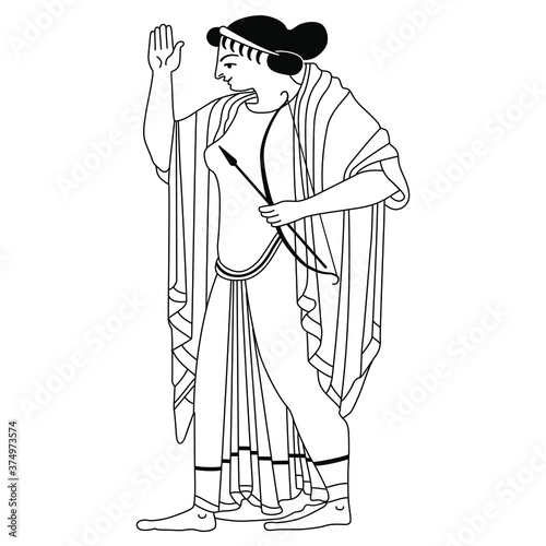 Ancient Greek goddess Artemis holding bow and arrow. Black and white silhouette.