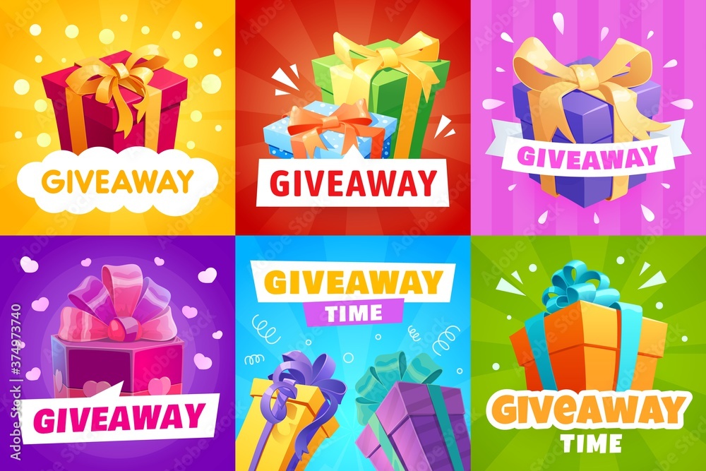 Giveaway vector gift boxes and presents wrapped with ribbons. Store offer, promotion with gifts and prizes, quiz contest. Announcement or media event post, winner congratulation giveaway time posters