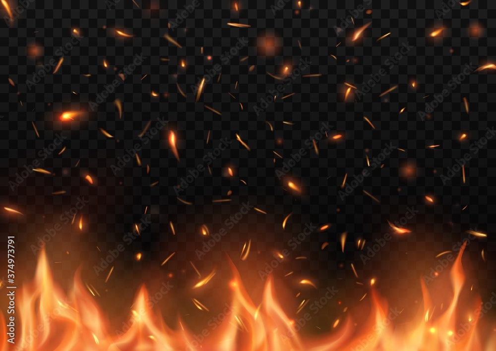 Realistic fire with sparks, vector burning campfire flame with