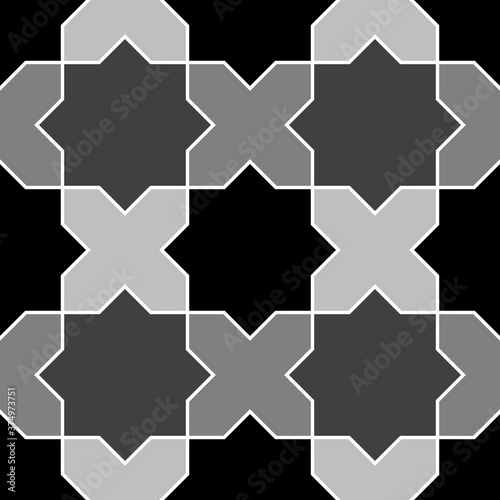 Seamless surface pattern design with Moroccan stars and crosses tiles ornament. Oriental traditional ornamentation with repeated geometric shapes. Ancient mosaic wallpaper. Grid motif. Digital paper.
