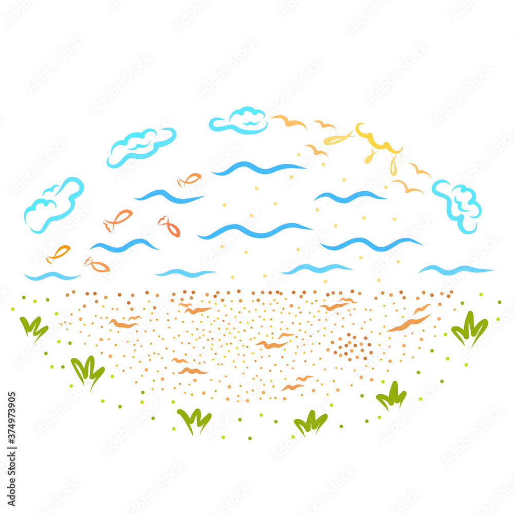 Obraz premium sea with fishes, sand and sky with birds