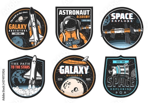 Tableau sur toile Galaxy research, space explore and astronaut mission icons