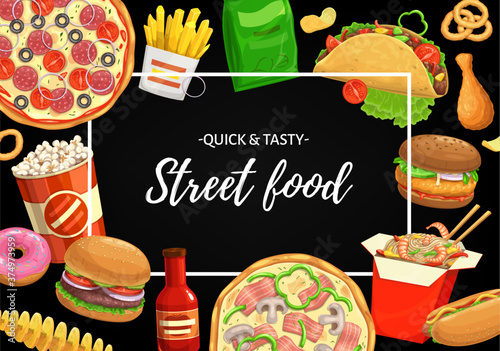 Street food vector poster cartoon popcorn, hamburger and french fries with chicken leg. Noodles with shrimps, tornado spiral potato and pizza with bacon and mushrooms. Hot dog, ketchup and onion rings