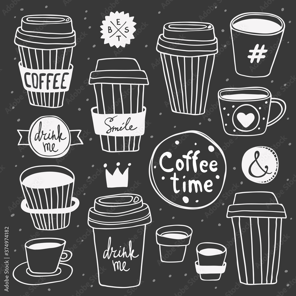 Vector Coffee time set. Plastic and paper coffee and tea cups. Coffee to go. Take away. Drink me and Smile lettering. Good for cafe and bakery menu design elements, display window, t-shirt print Vector Coffee time set. Plastic and paper coffee and tea cups. Coffee to go. Take away. Drink me and Smile lettering. Good for cafe and bakery menu design elements, display window, t-shirt print