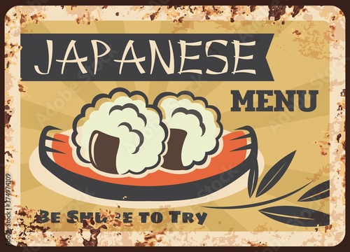 Sushi seafood rusty metal plate, Japanese food vector vintage rust tin sign. Sushi bar seafood menu, rice balls with nori seaweed on plate. Classic asian meal retro ferruginous poster, Japan cafe dish