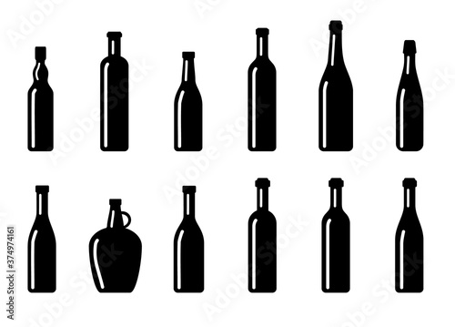 Big Set of silhouette wine bottles. Vector isolated on white background.