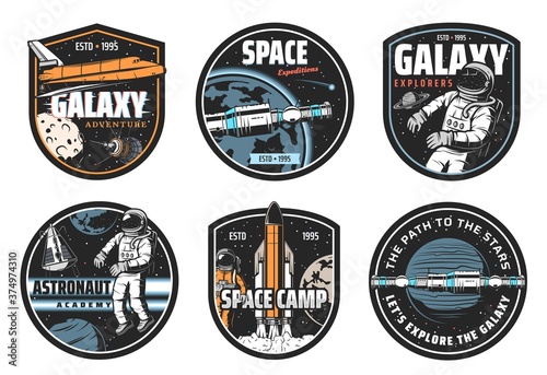 Galaxy explorer, space travel and astronaut academy icons. Shuttle spaceship, space station on Earth orbit and astronaut in weightlessness, launching rocket and solar system planets vector emblem