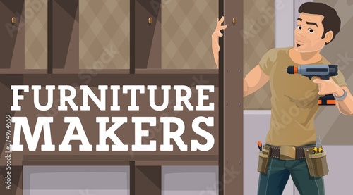 Furniture maker assembling wardrobe. Worker wearing belt with hand tools, man using electric screwdriver to assemble storage cabinet or wardrobe, handyman installing furniture at home vector