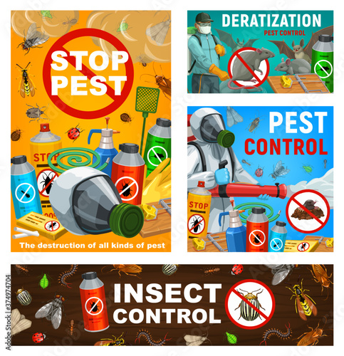 Pest control vector posters, disinsection, insects and rodents extermination service at home and garden. Exterminators with cold fogger and press sprayer against vermins and parasites, repellents