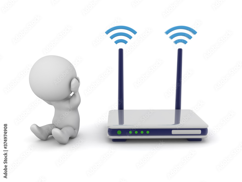 3D Character is stressed next to router 3D Character is stressed next to router