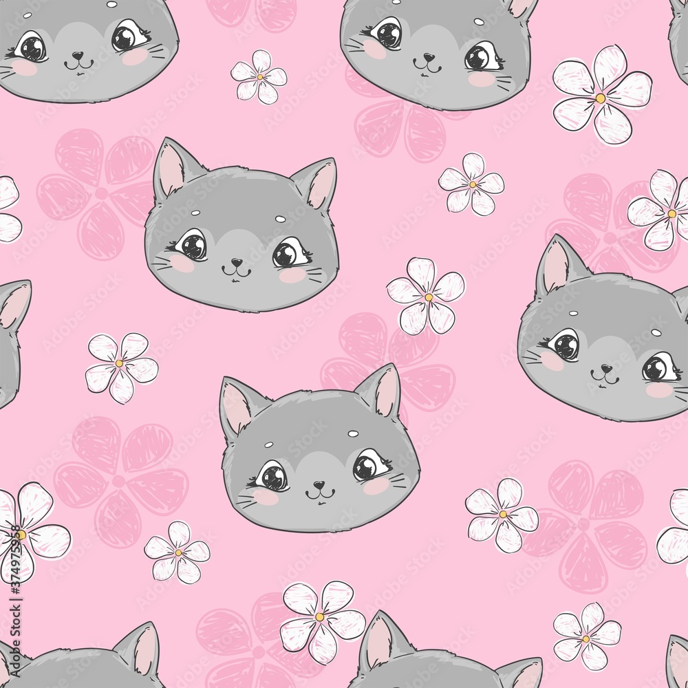 Seamless pattern cute cat and flowers on a pink background childish print textile vector