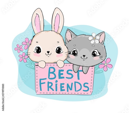 Hand drawn cute cat and rabbit sitting in a pocket with daisy flowers, handwritten phrase best friends, vector illustration childish design print for baby textiles and poster