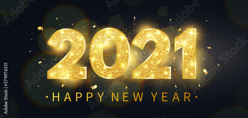 Happy new year 2021 background. Luxury holiday banner with golden glitter numbers, bokeh lights and confetti. Gold festive ornament. Party design elements. Christmas decoration. Vector illustration