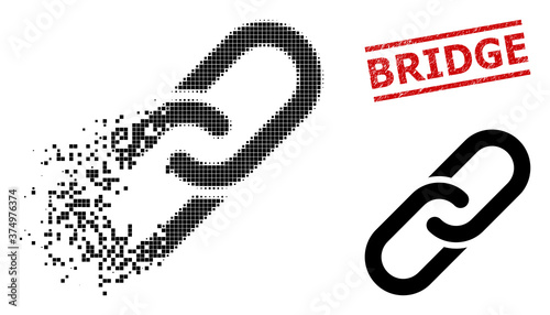 Chain icon in dissolved, pixelated halftone style and Bridge grunge stamp print. Particles are arranged into vector dissipated chain icon. Stamp seal includes Bridge title between parallel lines.