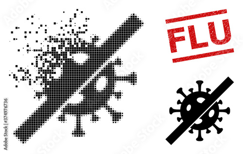 No flu virus icon in sparkle, dotted halftone style and Flu grunge stamp seal. Fragments are arranged into vector dispersed no flu virus icon. Stamp seal includes Flu title between parallel lines.