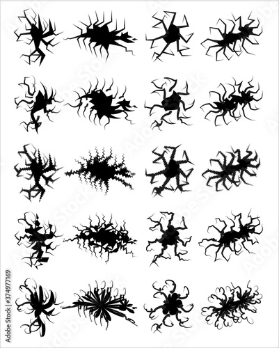 Set of Black Cracks, Vector Icons, Faults and Zippers, Destruction Symbols on White Background.