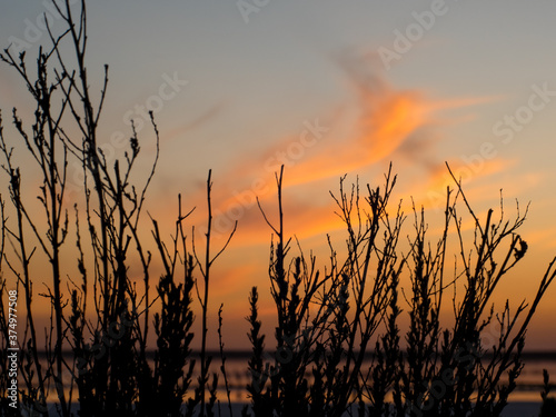 Dramatic lake over the sunset. Peoples resting on the salt lake in europe. Burning sun flare