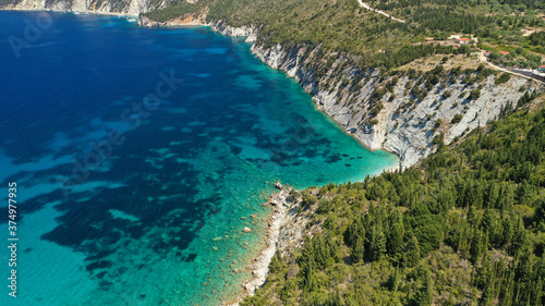 Aerial drone photo of beautiful paradise beach of Afales and white beach in beautiful Ionian island of Ithaki or Ithaca, Greece © aerial-drone