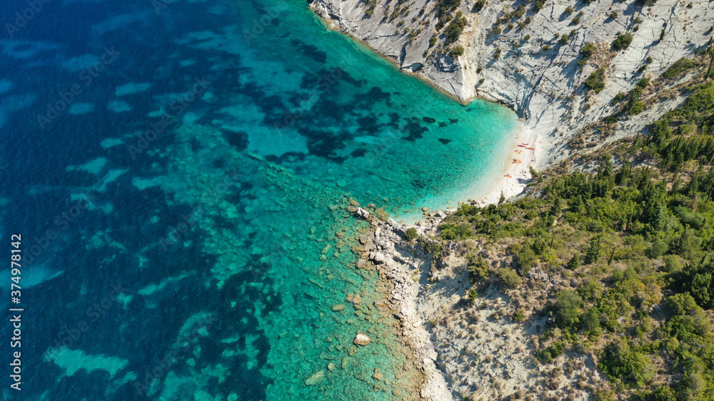 Aerial drone photo of beautiful paradise beach of Afales and white beach in beautiful Ionian island of Ithaki or Ithaca, Greece