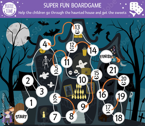 Halloween board game for children with haunted house and cute children. Educational boardgame with bat, skeleton, ghost. Help the children go through the spooky cottage printable activity. . photo