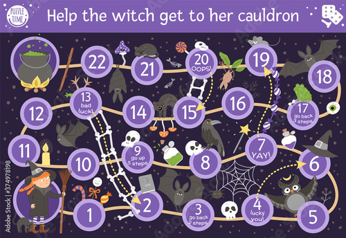 Halloween board game for children with cute witch and scary animals. Educational boardgame with bat, broom, black cat, spider. Help the witch get to her cauldron. Funny printable activity. .