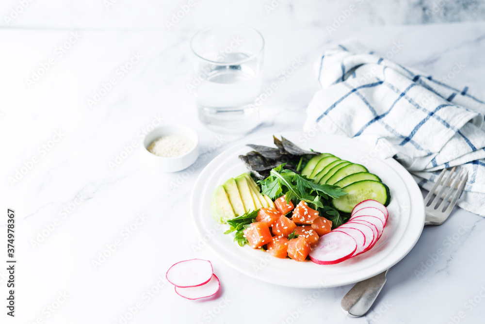 Salmon cucumber avocado Poke bowl Salmon cucumber avocado Poke bowl