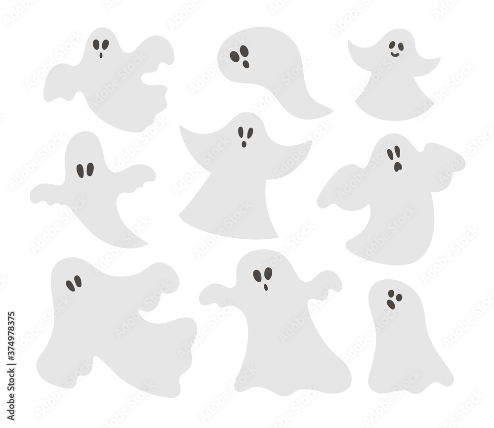 Set of vector ghosts. Halloween party illustration with funny spooks. Scary design for Autumn Samhain party. All saints day elements collection. .