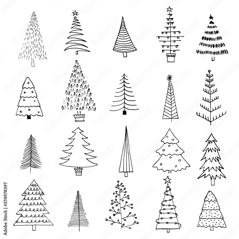 Collection of 20 different Christmas trees. Black liner rough hand drawing. New Year fir-trees decoration doodle sketch. Can be used  for fabric, phone case and wrapping paper. .