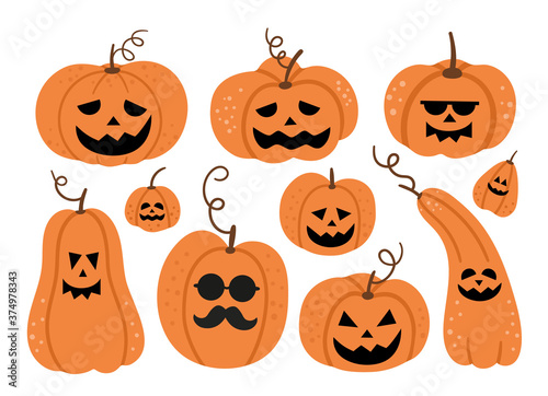 Set of vector jack-o-lanterns. Halloween party illustration with funny pumpkin lanterns. Scary design for Autumn Samhain party. All saints day elements collection..