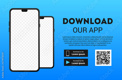 Download page of the mobile app mock up. Empty screen smartphone for you app. Download buttons. Vector illustration. photo