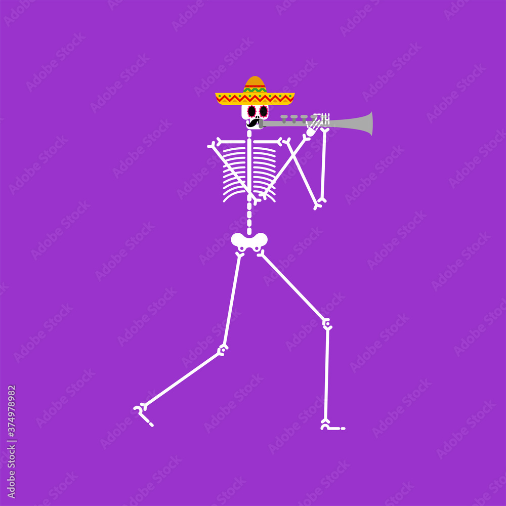Skeleton and trumpet. Dead man with musical instrument. Dead music band. Skull in sombrero. Day of dead in mexico. Skeleton and trumpet. Dead man with musical instrument. Dead music band. Skull in sombrero. Day of dead in mexico.