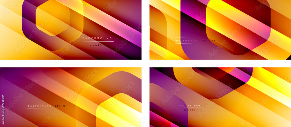 Set of hexagon geometric shapes and fluid gradients with 3d shadow and light straight lines, minimal abstract backgrounds Set of hexagon geometric shapes and fluid gradients with 3d shadow and light straight lines, minimal abstract backgrounds