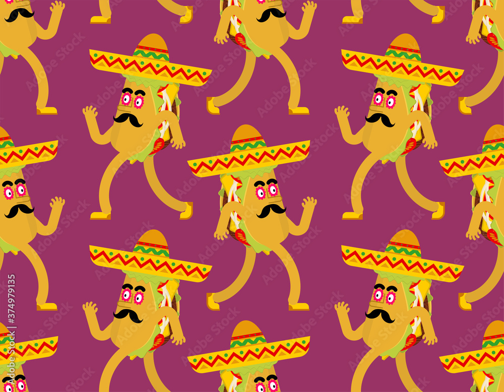 Cartoon taco in sombrero pattern seamless.  Mexican fast food in hat background. tacos texture