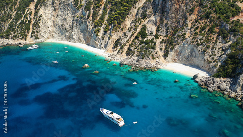 Aerial drone photo of beautiful paradise beach of Afales and white beach in beautiful Ionian island of Ithaki or Ithaca  Greece