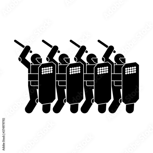 Riot police and protesters. Sign Street protests. Preventing overthrow of state power. Demonstration, protesting symbol